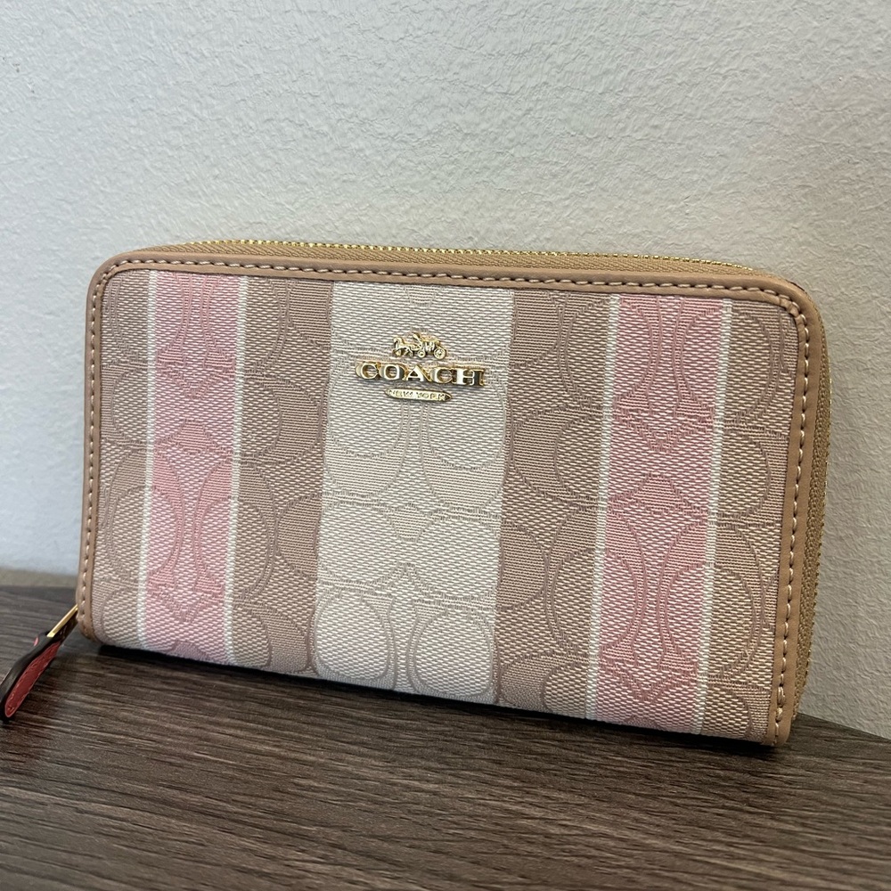 NWOT - Coach Signature Stripe Zip Wallet in Pink, Beige, Cream - Picture 4 of 15